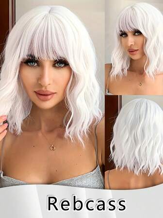 12 Inch Short Curly Wavy Bob White Wig With Bangs - Heat-Resistant Fiber Hair For Cosplay, Anime Style, Rose Net Cap, Ideal For Women'S Parties And Events, Anime Hair Accessory | Short Wig | Heatresistant Fiber, Anime Hair Fully Machine Manufactured For Daily Gatherings, High-Quality Women's Natural And Beautiful Synthetic Soft Fake Fiber Hair Beautiful Synthetic Soft Fake Fiber Hair Perfect For Beginners And Various Occasions For Women