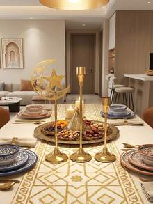 1pc/Set Metal Gold/Black Large Crescent Moon Candle Holder/Ramadan Lantern/Candle Holder/Windproof Glass Candle Holder - Multicolor - View 2