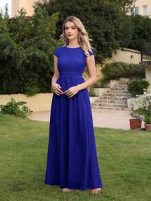 Babyonlinedress Plain Elegant Romantic Chiffon Contrast Lace  Backless  Zipper  Bridesmaid Dress  Wedding  Party  Formal & Evening  Wedding Guest  Prom  Homecoming - 寶藍色 - 查看 5