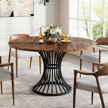 LITTLE TREE Round Farmhouse Dining Table For 4-6 People, 75cm Height, Rustic Brown Kitchen Table With Sturdy Metal Base, Easy Assembly For Small Spaces, Kitchen, Living Room - 紫紅色 - 查看 4