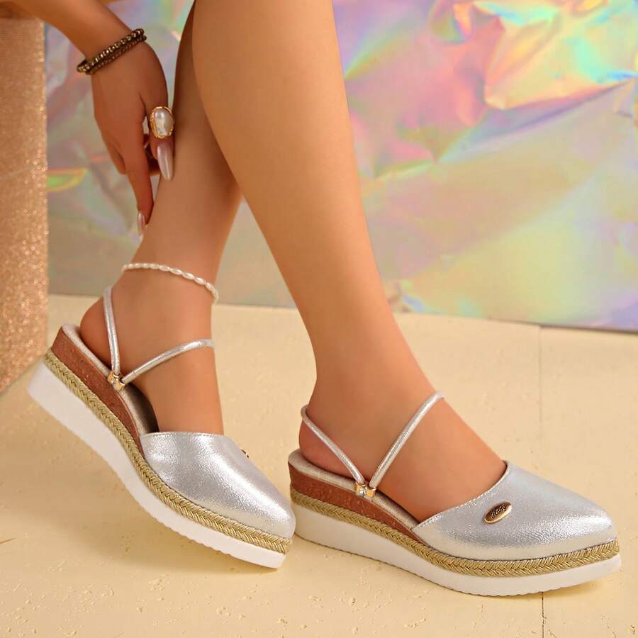 Retro Metallic Sheen Wedge Mule Shoes, Metallic Textured Upper, Elegant Slip-On Design, Convenient Slip-On, Fashionable For Daily Commute In Summer - Silver - View 1
