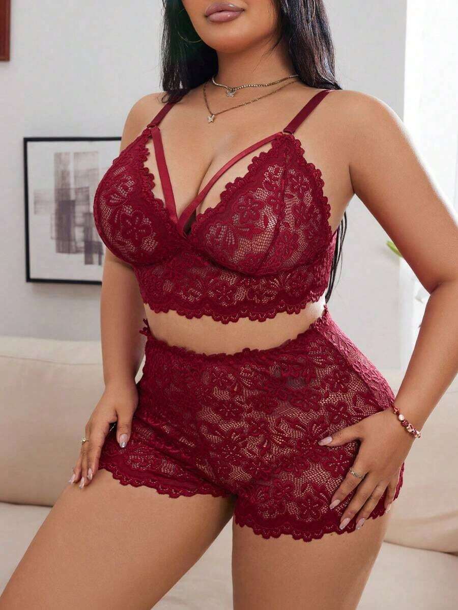 Seduluxe Plus Size Solid Color Lace Bra And Panty Lingerie Set , 2pcscrotchless Lingerie Valentinecrotchless Lingerie Valentine - 酒紅色 - 查看 1