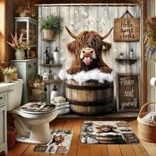 1pc Cute & Humorous Highland Cow Forest Bathtub Shower Curtain, Brown & Gray Luxury Home Decor Shower Curtain With Hooks, No-Drill Bathroom Divider Curtain, Modern Home Decor And Accessories - Multicolor - View 1