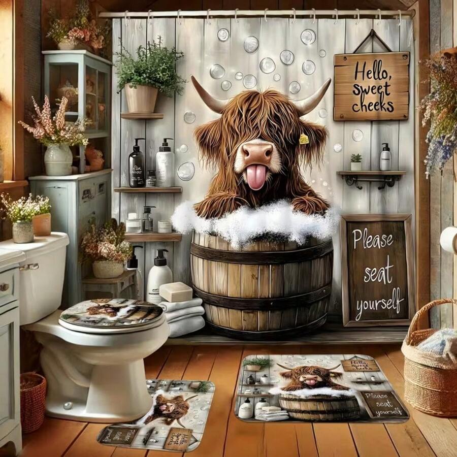 1pc Cute & Humorous Highland Cow Forest Bathtub Shower Curtain, Brown & Gray Luxury Home Decor Shower Curtain With Hooks, No-Drill Bathroom Divider Curtain, Modern Home Decor And Accessories - Multicolor - View 1