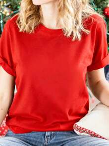 Women's Basic Solid Color Short Sleeve Crew Neck Pure Cotton T-Shirt, Slim Fit Casual Daily Top, Sizes S-XXXL, Soft Breathable Comfortable Tee, Lightweight Summer Fashion Essential, Easy To Match, Classic Style, High-Quality Cotton Fabric, Suitable For All Seasons,  Basic Top For Women - Đỏ - Xem 4