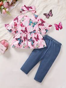 Toddler Baby GIrl Winter Outfits, Cute Butterfly Top And Jeans Set Baby Cute Outfits - Hồng - Xem 2