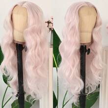 13X4 Light Blue Long Body Wave Lace Front Wig 28" Long Wavy Wigs Glueless Free Part Blue Wavy Hair Adjustable Straps & Combs Heat Resistant Blue Loose Wave Synthetic Hair Replacement Wigs For Women For Daily Wear Parties & Special Occasions - 淡粉紅色 - 查看 4
