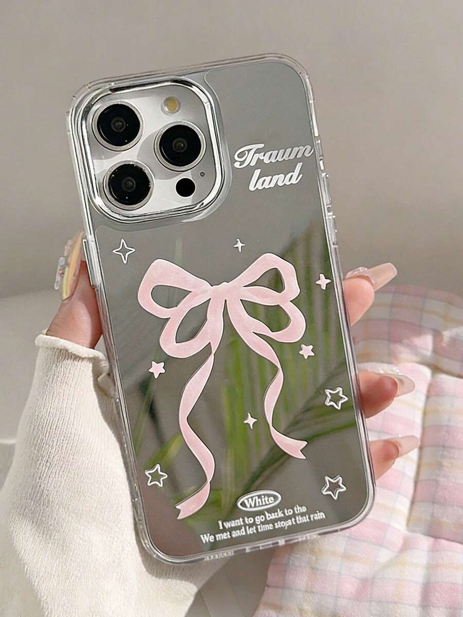 1pc Mirrored Pink Bow Cute Apple Phone Case Compatible With IPhone 12/13/14/15/16/17/Pro Max - Pink - View 1