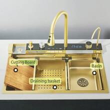 Golden Multifunctional Waterfall Digital Display Sink, 304 Stainless Steel 1 Basin, Smart Sink With Integrated Tap, Cup Washing Machine, Soap Dispenser, Sink Accessory Set, 75cm - Gold - View 6