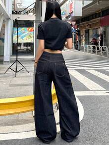 1件韩版街头风女式黑色阔腿牛仔裤，宽松印花休闲裤，四季皆宜的百搭牛仔裤（不含腰带/配饰）春季款 - 黑色 - 查看 4