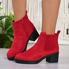 Women Ankle Boots & Booties」Casual Fashion Is Versatile.Leisure, Fashion, Sports, Hook And Loop, Home, Autumn And Winter New Collection, Round Toe, Thick Heel, Boots, Short Boots - Red - View 3
