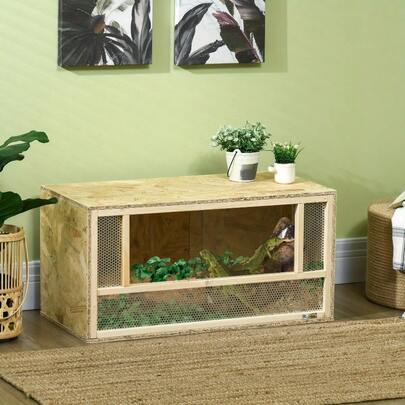 Natural Wood Reptile Habitat Box With Transparent Sliding Doors & Breathable Mesh - Spacious 80x40x40cm Terrarium For Lizards, Horned Frogs, Snakes & Chameleons - Includes Elevated Platform & Climbing Net, Pet Enclosure | Aesthetic Terrarium | Natural Materials, Reptile Accessories