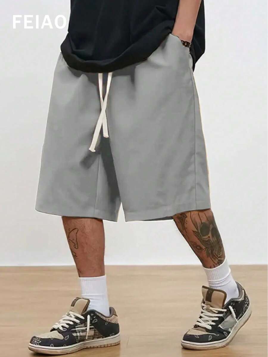 FEIAO Men's Retro Old Banknote Style Drawstring Solid Color Loose Mid-Length Pants, Lightweight, Casual, Comfortable, Versatile, Simple And Fashionable, Easy To Travel - Grey - View 1