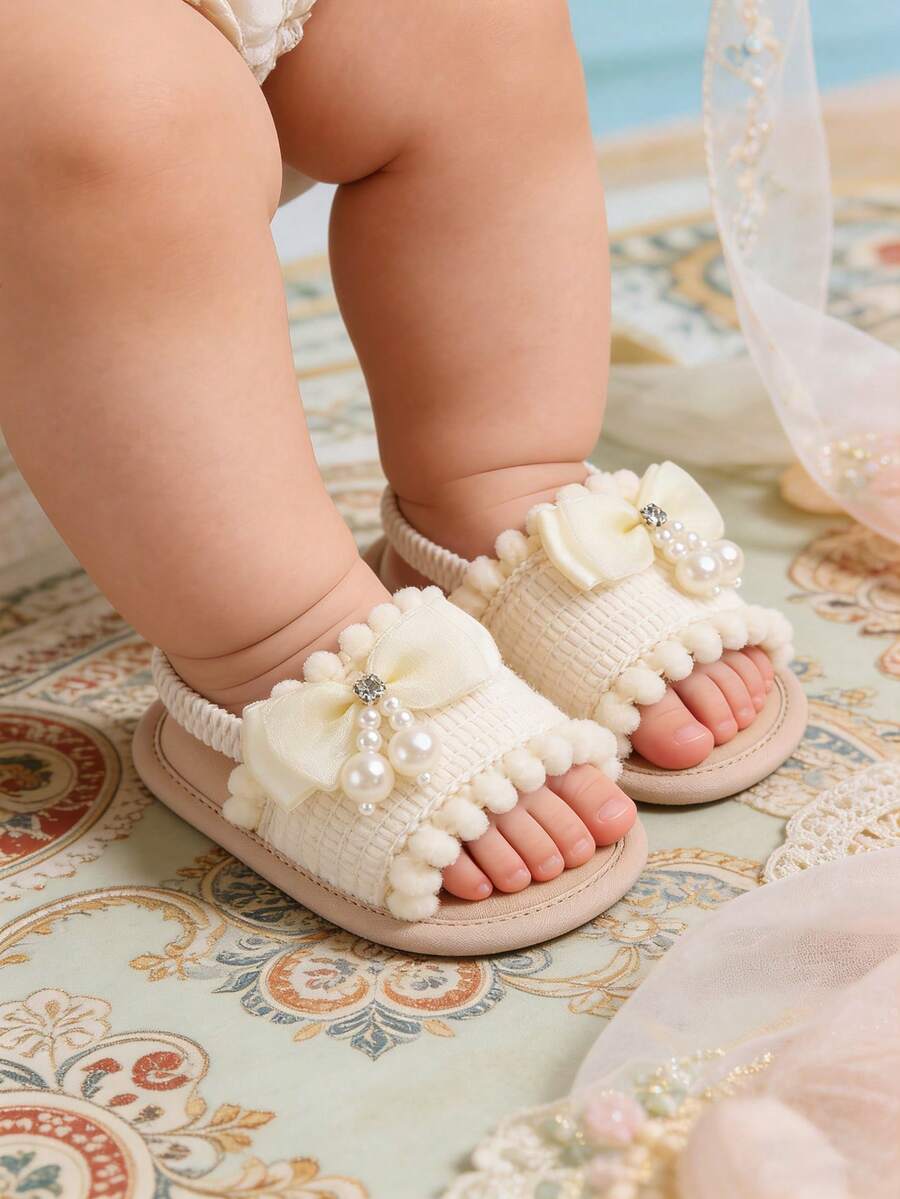 1双女童蝴蝶结帆布鞋，搭扣设计，平底可爱凉鞋，夏季婴幼儿女童鞋