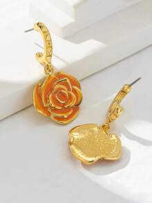 一对玫瑰花耳环，复古时尚高端优雅精致乡村风耳环，适合女性日常通勤佩戴 - 橘色 - 查看 4