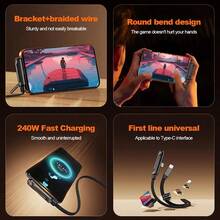 Cable de carga rápida tipo C de 240W con soporte para teléfono y cable de carga para juegos compatible con iPhone 17, 17 Pro Max, 16, 16 Plus, 16 Pro, 16 Pro Max, compatible con Redmi, compatible con cargador de viaje OnePlus - Negro - Ver 8