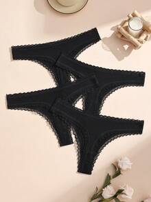 4pcs Black Cotton Lace Patchwork Bow Tie Thong Panties, Elastic & Breathable Women's Underwear - Black - View 3