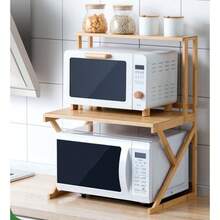 1/ 2-Tier Microwave Stand - Bamboo Wood Kitchen Countertop Organizer With Sturdy Wood Frame, Countertop Organizer With Hooks & Chopping Board Rack, Space-Saving Design For Microwave, Rice Cooker, Oven & Pots Pans, Utility Racks - 1 Tier Rustic Wood Colour - View 3