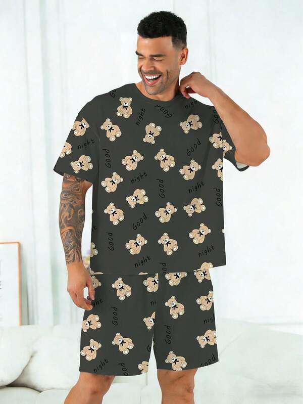 Plus Size Men's Pajama Set | Round Neck Short Sleeve Top And Elastic Waist Casual Shorts 2 Piece Set | Polyester Knit Fabric Soft And Breathable Loose Fit | Cute Teddy Bear Print Casual Design