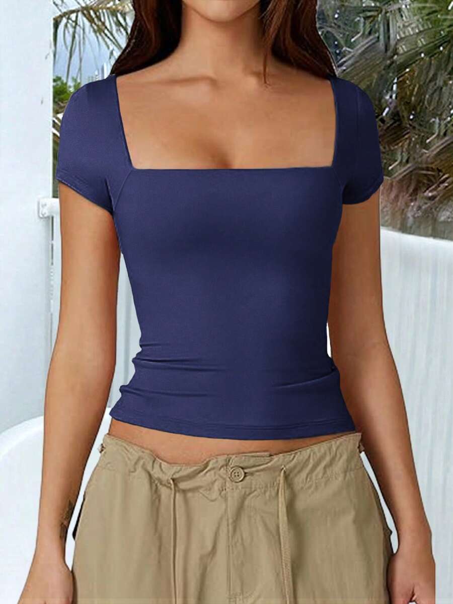 Vaiaye Women's Solid Color Knit Square Neck Sexy Slim Fit Y2K Short Sleeve T-Shirt, Spring/Summer Activewear Top, Suitable For Valentine's Day