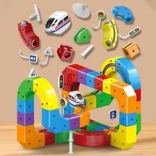 51pcs DIY Track Building Blocks Set With Train And Traffic Signs, STEM Toy Magic Track Cube Blocks Train Track Car Electric High-Speed Rail Track Toy For Toddlers And Kids, 3-8 Years Old Boys And Girls, Birthday Party Gift (Random Color Of Building Blocks)