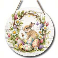 1pc Wooden Round Easter Sign, Easter Bunny Sign, Easter Egg Sign, Wreath Sign, Wreath Center Decor, Easter Gift, Easter Decoration, Door/Wall Decor, Home Decor, Room Decor, Farmhouse Style Decor, Farm Decor, Bedroom Decor - Multicolor - View 6