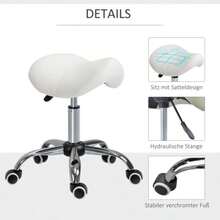HOMCOM Rolling Stool, Swivel Stool, Height Adjustable, White Padded Saddle Stool For Office And Home