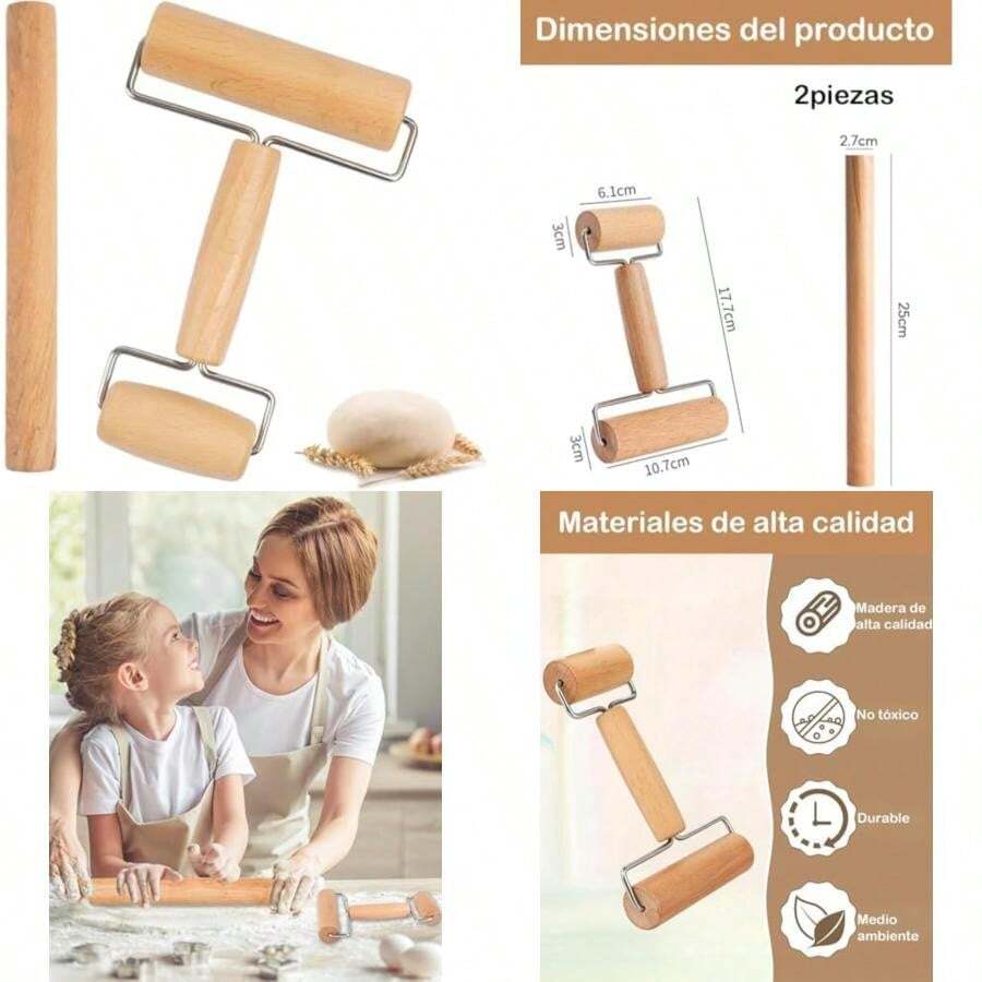 Rodillo Reposteria, Rodillo Para Masa, 2 Piezas Set De Rodillos De Madera Para Pizza, Pasteles, Galletas, Empanadas Y Mas, 25 cm Y 17.5 cm, Para Repostería Casera Y Pequeños Restaurantes(default) - Multicolor - Ver 1