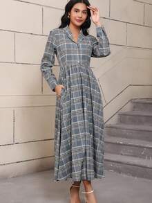 Plaid Elegant Formal Party Pocket Belt Button Evening Gown - Multicolor - View 2