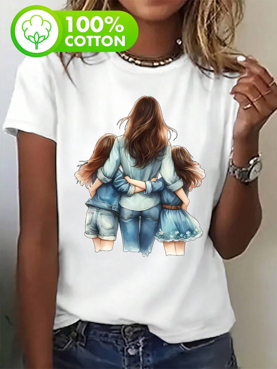 Denim T-Shirt With Short Sleeves And Mother And Daughter Print| Casual Style, Suitable For Spring/Summer/Autumn, Cartoon Pattern - 白色 - 查看 1