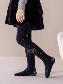 1 Pair Spring/Summer Baby Girl/Toddler Girl Princess Black Floral Silver Bow Decor Breathable Soft Comfortable Fashionable Tights, Suitable For Daily Wear Or Holiday Gifts - Black - View 3