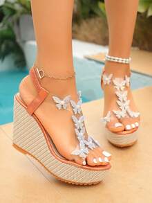 1 Pair Women's Platform Open Toe Sandals, Summer Elastic Strap Sandals, Butterfly Rhinestone High Heel Wedge Leather Sole Sandals - Orange - View 3