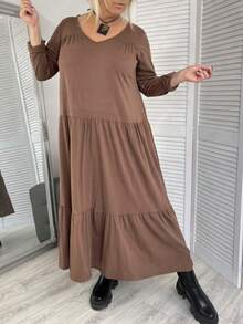 Midi Leinenkleid mit V-Ausschnitt und Rüschensaum in Große Größen, gerades Lässig-Kleid für Damen, geeignet für den täglichen Gebrauch, Urlaub, Frühling/Sommer - Bronze - Übersicht 3