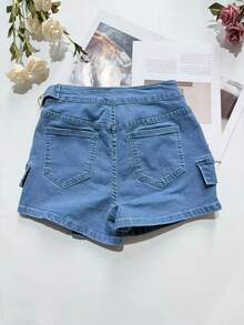 Falda-pantalón vaquera casual de mujer con detalles de cremallera, shorts mini con estiramiento medio para el verano - Azul - Ver 5