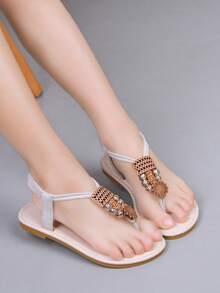 Girls' Beaded Woven Flat Sandals, Bohemian Backstrap Summer Casual Sandals For Kids - Beige - View 1