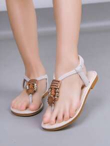 Girls' Beaded Woven Flat Sandals, Bohemian Backstrap Summer Casual Sandals For Kids - Beige - View 3