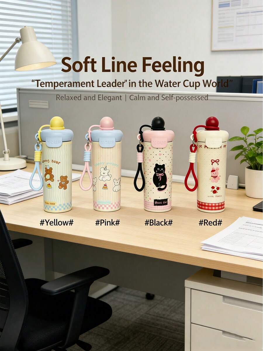 可爱卡通造型不锈钢水瓶，专为女孩设计 - 双层真空隔热，防漏吸管盖，适合上学、上课和玩耍时使用 - 彩色 - 查看 1
