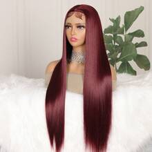 99J Wine Red Long Straight 13*4 Lace Front Synthetic Wig, Pre-Cut Hairline, Heat Resistant Fiber, Suitable For Daily, Party, Wedding, Gift - Multicolor - View 4