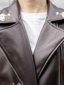 Chaqueta de motociclista de cuero de PU vintage para mujer (bordada) - Opción perfecta para uso casual en primavera y otoño, elegante y de moda - Café integral - Ver 6