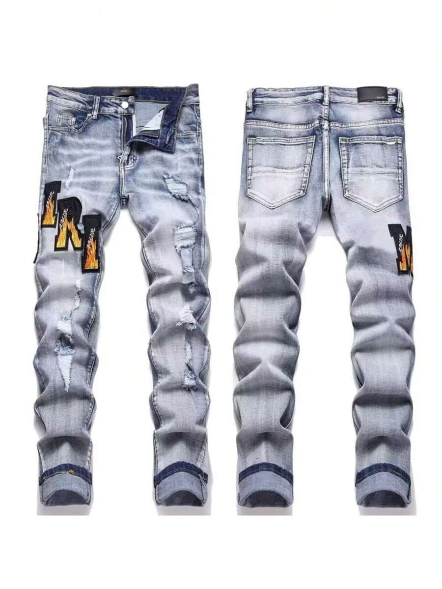 Pantalones vaqueros ajustados elásticos en el tobillo para hombre de la marca occidental , estilo high street punk, rotos con parches y bordados - Azul claro 620 - Ver 1