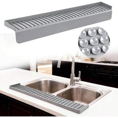 Protector de Borde de Fregadero de Silicona Contra Salpicaduras, 30x4 Pulgadas con Ventosas e Inclinación de 5 ° , Cortable para Encimeras de Cocina y Baño, Superficies de Granito y Cuarzo (Gris) 8MEH