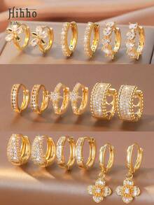 Hihho 6pcs/Set Zirconia Stone Earring Set, Floral & Heart Decor, Sweet & Lively Style, Clover & Hollow Pave Luxury, Simple Solid Hoop & Clover Pendant, Balancing Simplicity & Decoration. Dense Zirconia Inlay, Shiny, Suitable For Daily, Commute, Light Social Occasions - Gold - View 6