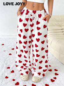 LOVE JOYY Women's Casual Red Heart Print Drawstring Pocket Wide Leg Pants, Perfect For Holidays, Street Style And Everyday Wear - Multicolor - View 4