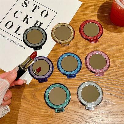 Shockproof Electroplated Glitter Mirror Foldable Phone Case Stand, Mirror Self-Adhesive Magnetic Phone Stand, Portable Touch-Up Mirror, Portable Mini Small Round Makeup Mirror Valentine's Day Gift