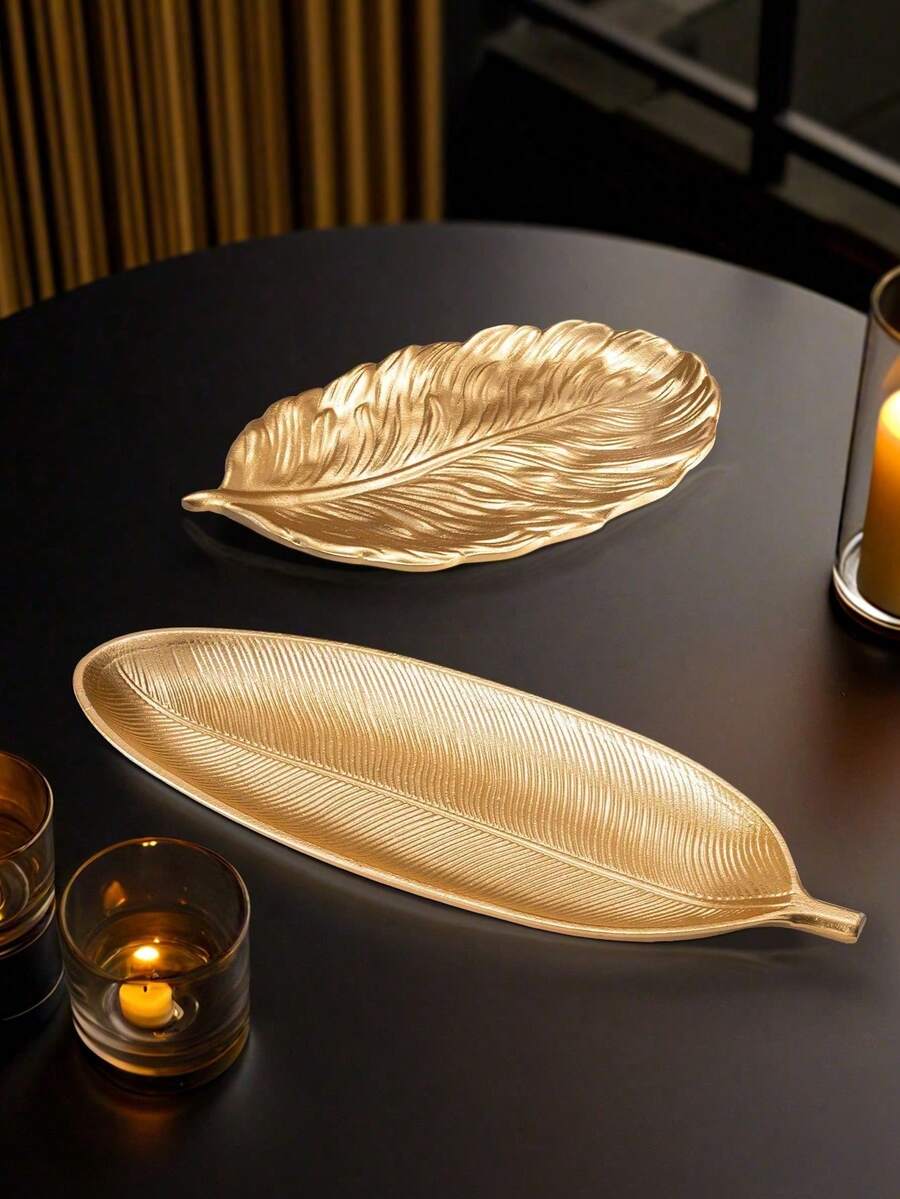 奢华金色托盘 - 优雅的木质叶形托盘，适合夏季装饰和婚礼，可放置珠宝/蜡烛/钥匙/坚果，是送给女性的理想乔迁礼物、家居装饰、个性化圣诞礼物、婚礼配饰和圣诞装饰品。