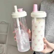 1pc Pink Bow Water Bottle, Minimalist School Water Bottle, Large Capacity Straw Plastic Cup Student Cup, Water Bottle, Cup, Possible, Water, Airport, Cup, School Airport, School Airport - Pink - View 7