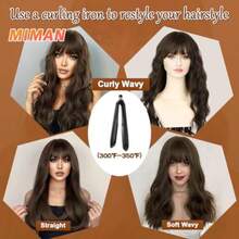 D22 Inch Long Brown Curly Wavy Wigs With Bangs For Women Natural Looking Synthetic Heat Resistant Fiber Hair Wig For Daily Party Cosplay Halloween Costumes Dark Brown Wig - 深棕色捲髮 - 查看 5