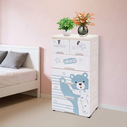 Dresser Drawer Organizers,Tall Lockable Storage Cabinet,Plastic Dresser With 6 Drawers And Wheel For Clothing/Bedroom/Playing Room 19.69 * 13.78 * 40.16"(Polar Bear) (Blue)