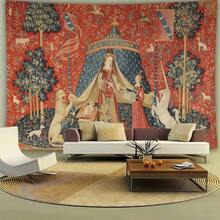 1件中世纪淑女与独角兽挂毯，欧式皇家风格，适用于客厅和卧室的墙面装饰 - 彩色 - 查看 2