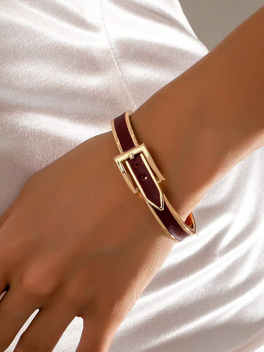 1pc Unique Creative Leather Bracelet, Burgundy Color, Elegant & Refined Luxury Vintage Accessory, Suitable For Christmas And Multiple Occasions